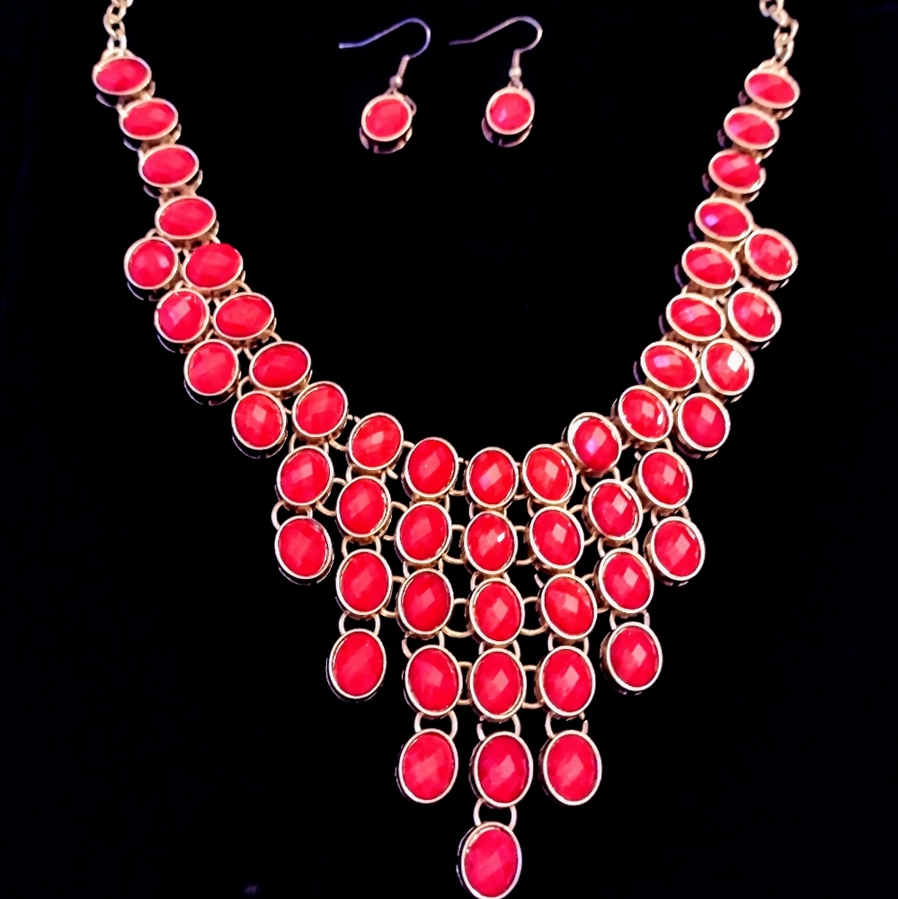 Red Statement Necklace and Earring Set